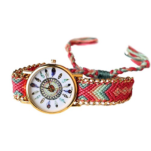DAYAN Fashion Round Samt gewebt Band Pfau Feder Muster Quarz Armband Armbanduhr Multicolor 3