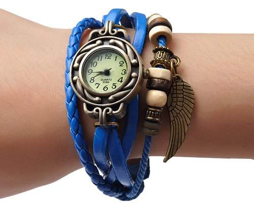 Retro Blatt Leder Damenuhr Damen Armbanduhr Armbandkette Armreif Armband Uhren Quarzuhr - Blau