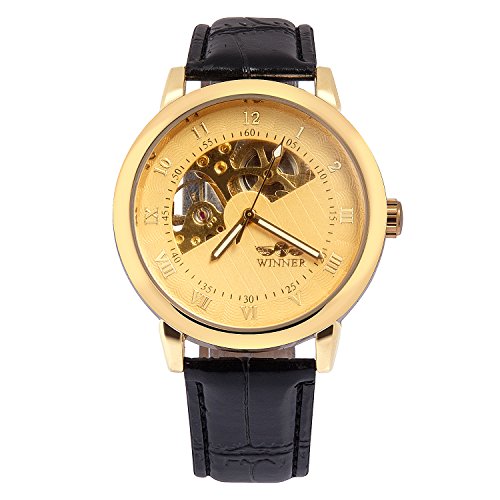 kiwitata Gold Farbe Semi Skelett Zifferblatt mechanisch aufziehbar Bewegung Lederband Armbanduhr Hand Wind