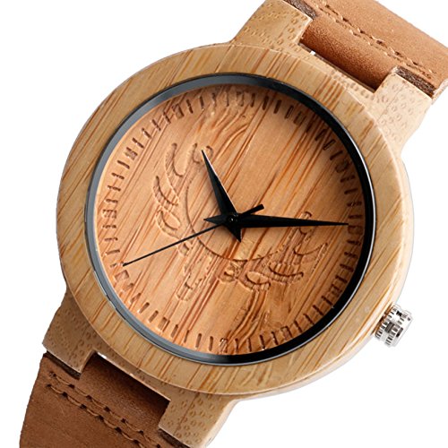 Conbays Taschenuhr Herren s Handarbeit einzigartige Elk Dollar Design Holz Uhren Fashion Licht Bambus mit echtem Leder braun Armband