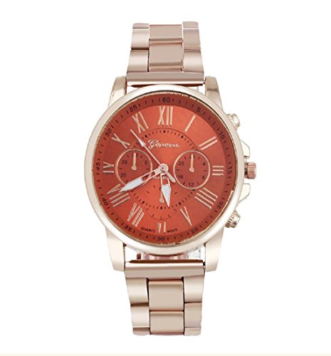 Rcool Unisex Luxus stilvolle Mode roemische Zahl Uhr Edelstahl Quarz Zifferblatt Armbanduhr Orange