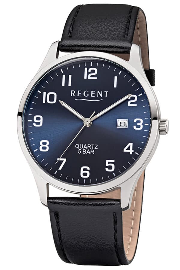 Regent F-1240 Herren-Armbanduhr mit Lederband Schwarz/Blau