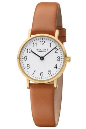 Regent F-1304 Damen-Armbanduhr Goldfarben mit Lederband Braun